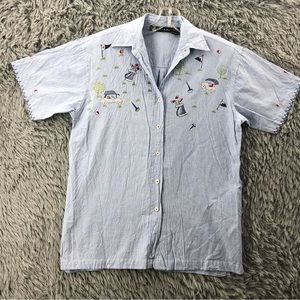 Citi Craze Shirt Vintage Womens Large Embroidered Golf Button Up Blue